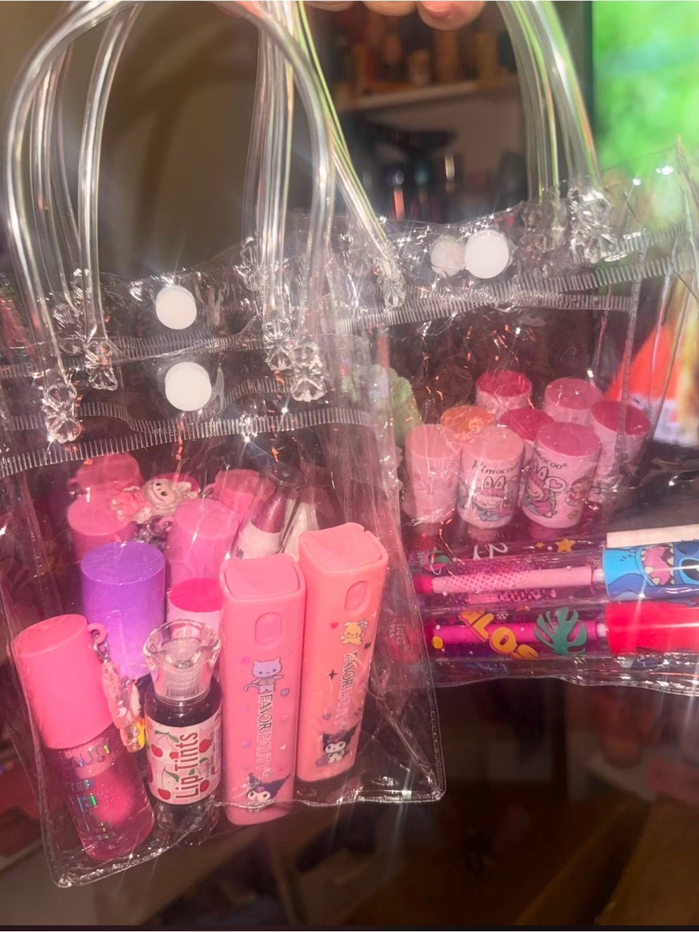 Clear  Mini Cosmetic with Pink Lipgloss Set